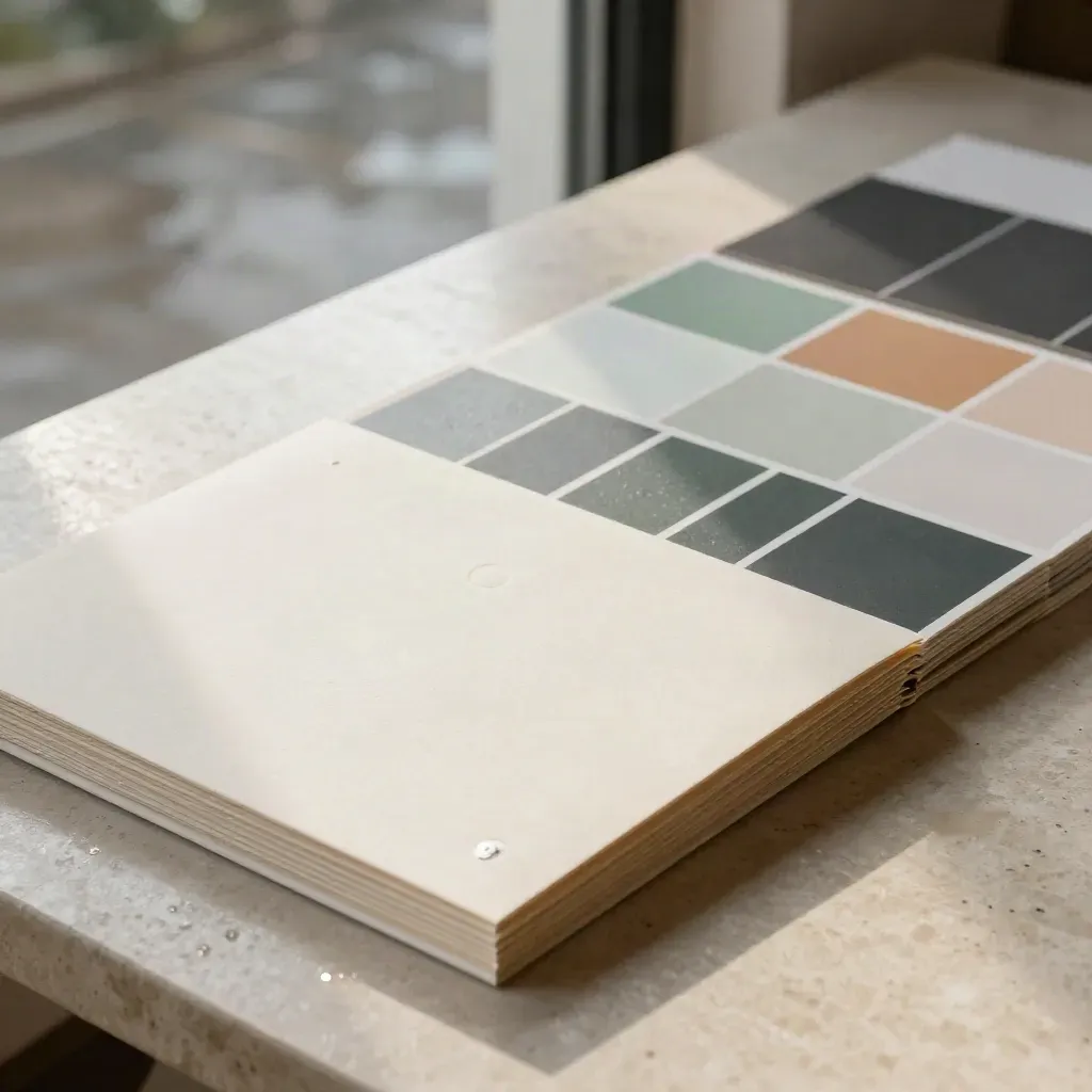 Ivory identity boards and swatch cards lit by rain-hazed morning light in a design studio