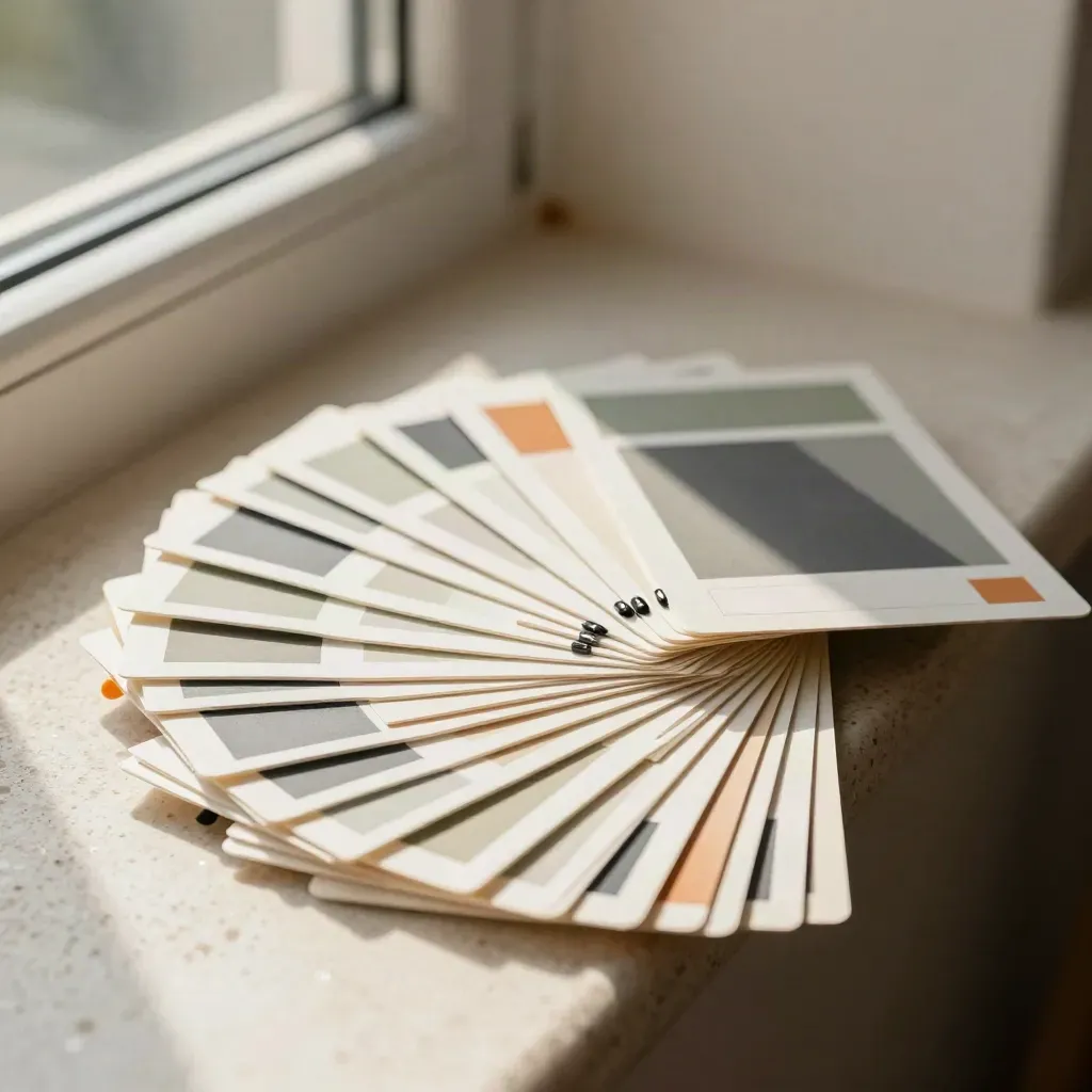 Sunlit social template cards with clips and a tawny orange color puck on warm stone.