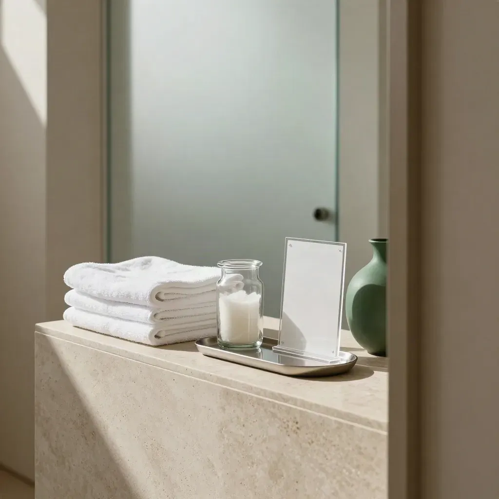 Serene clinic reception corner with folded towels, glass jars, a blank stand, and a slim tray.