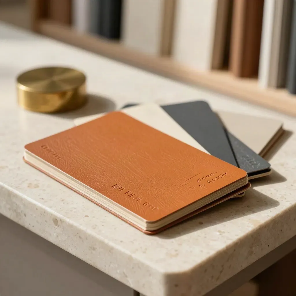 Macro still life of embossed sample boards, edge-painted swatches and a brass paperweight on travertine.