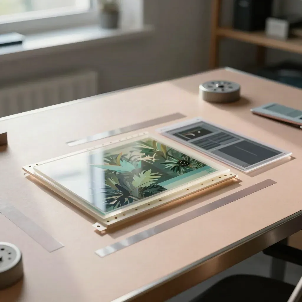 Acetate animation layers, registration pegs and a timing wheel on a backlit studio bench.