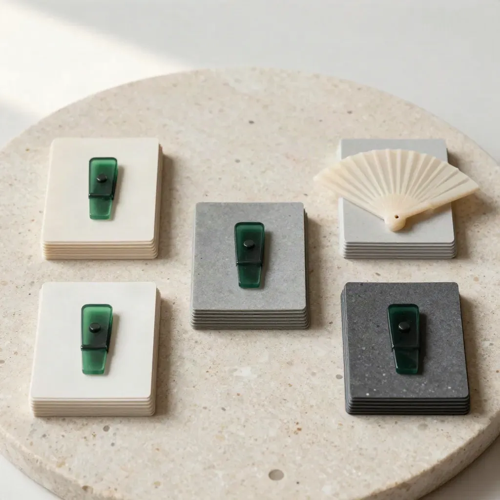 Overhead flatlay of swatches, sample cards, green clips, and pale stone on travertine.
