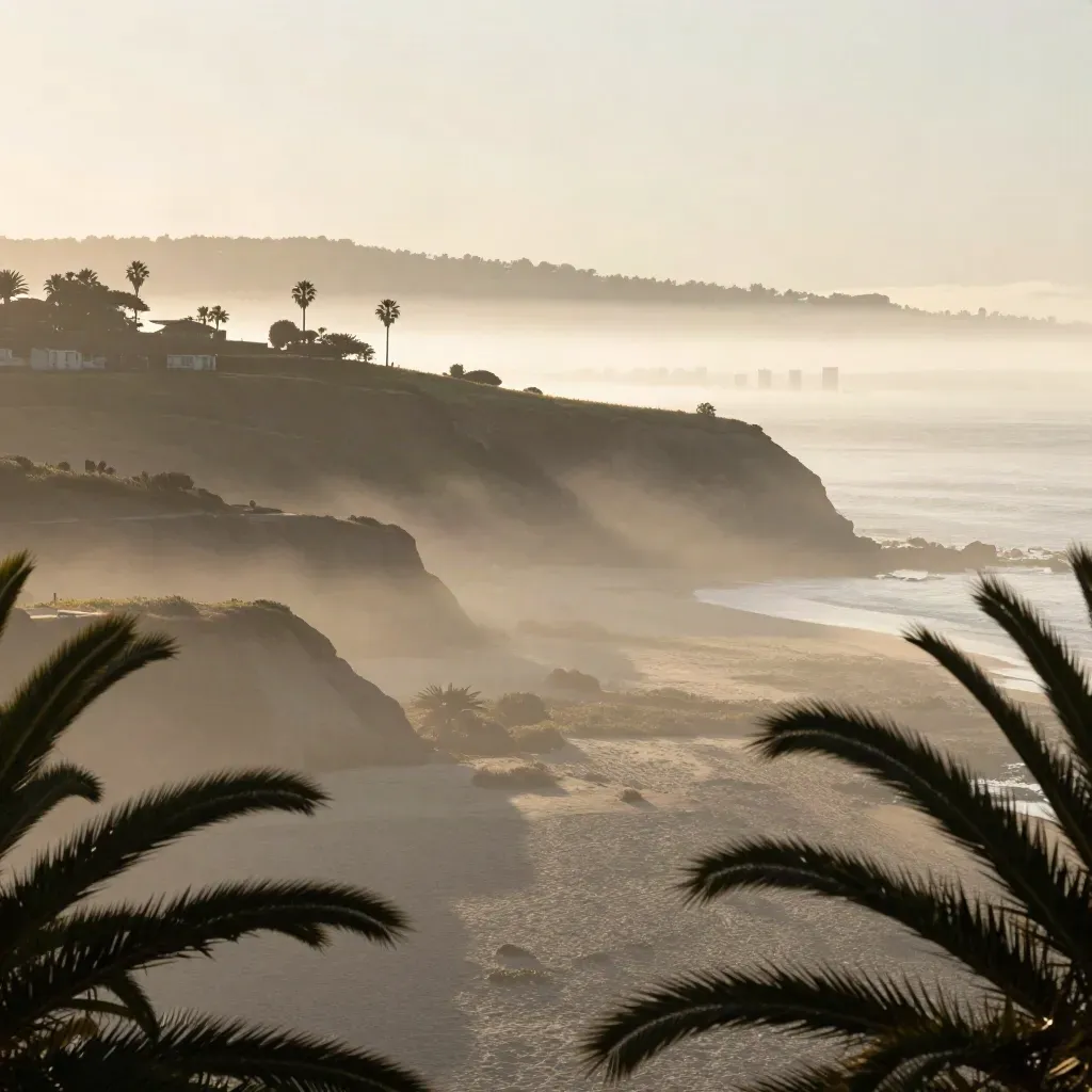 California coast skyline above a hazy bluff at golden hour, palms and hills in the distance
