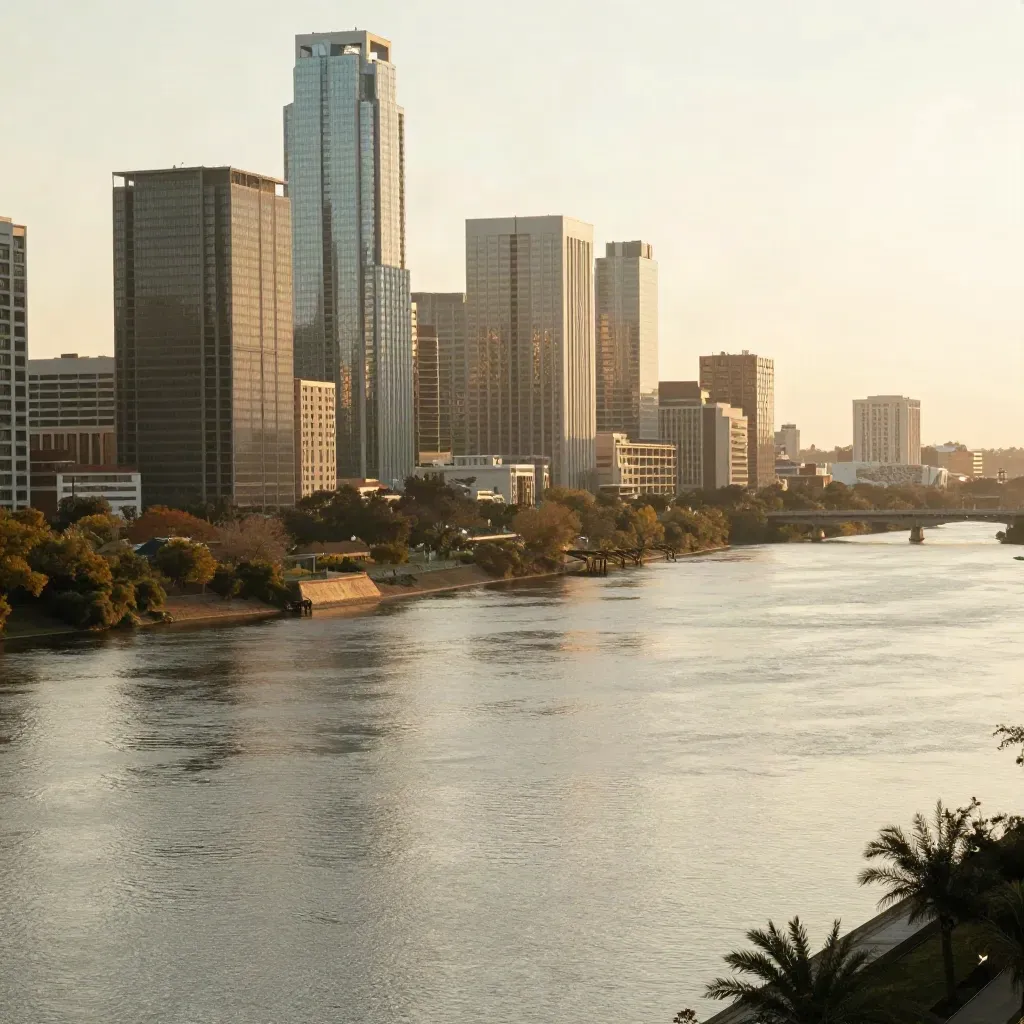 A hazy Austin skyline above a calm river bend at golden hour