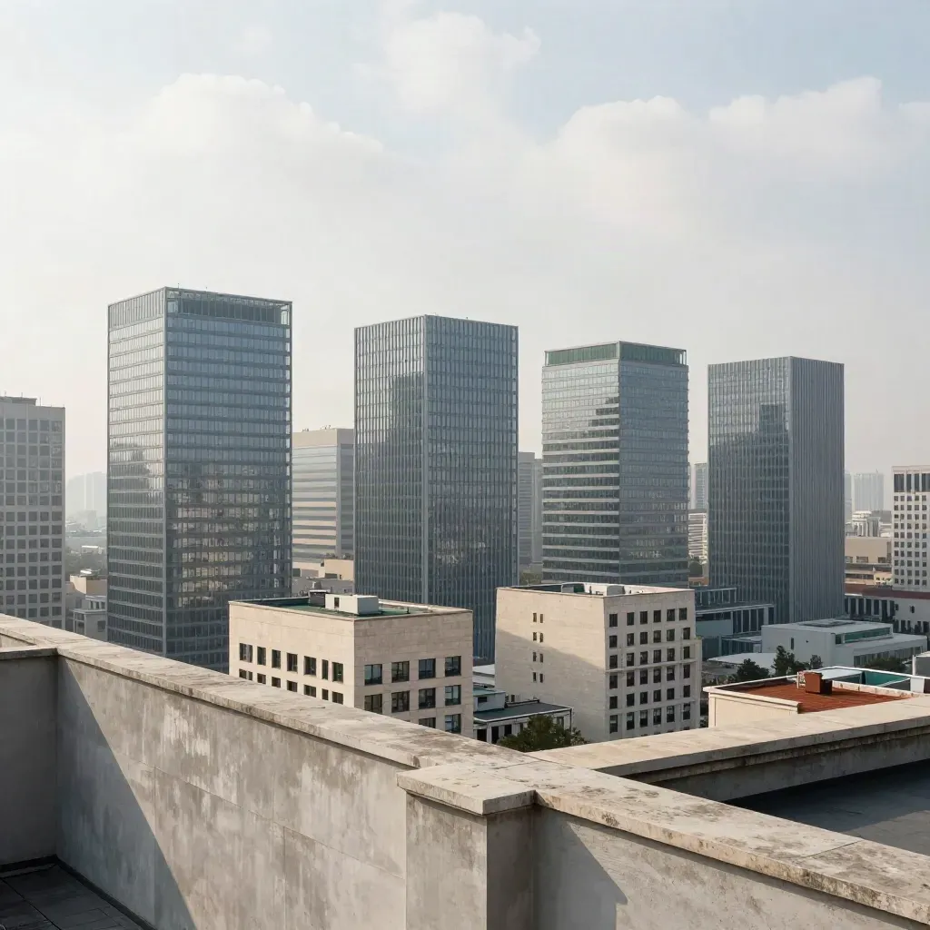 Hazy multi-city skyline above a quiet concrete rooftop with open space for copy